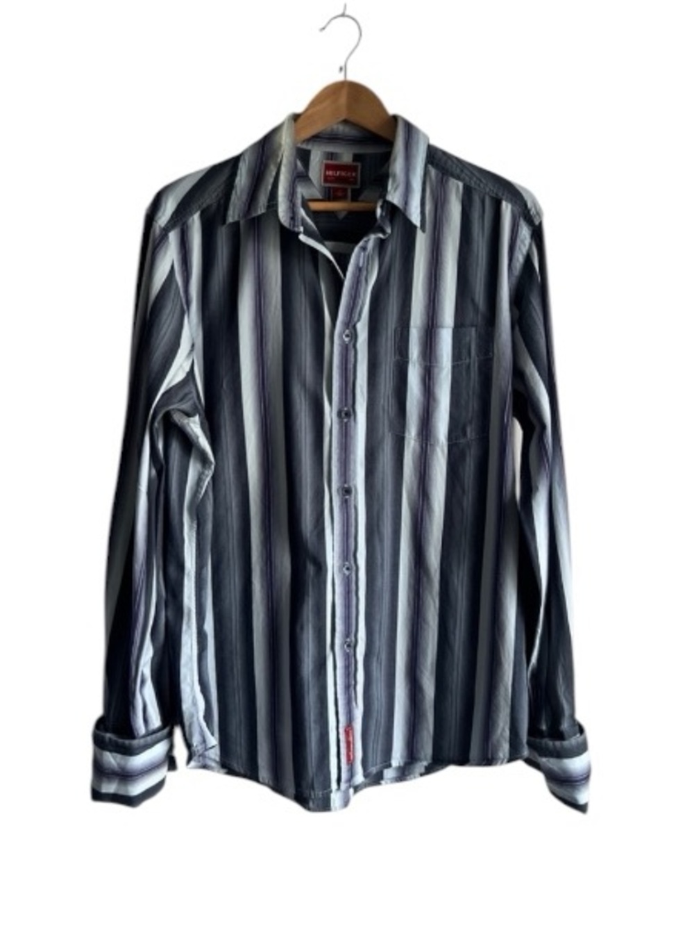Tommy Hilfiger Denim Men's Y2K Striped Button Down Shirt Medium Gray Blue